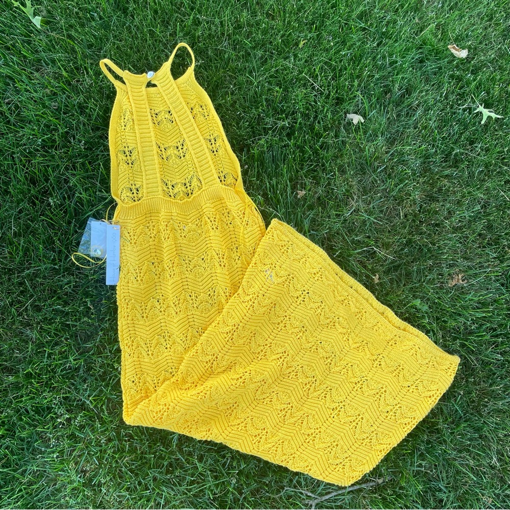 small yellow House of Harlow crochet maxi dress coverup